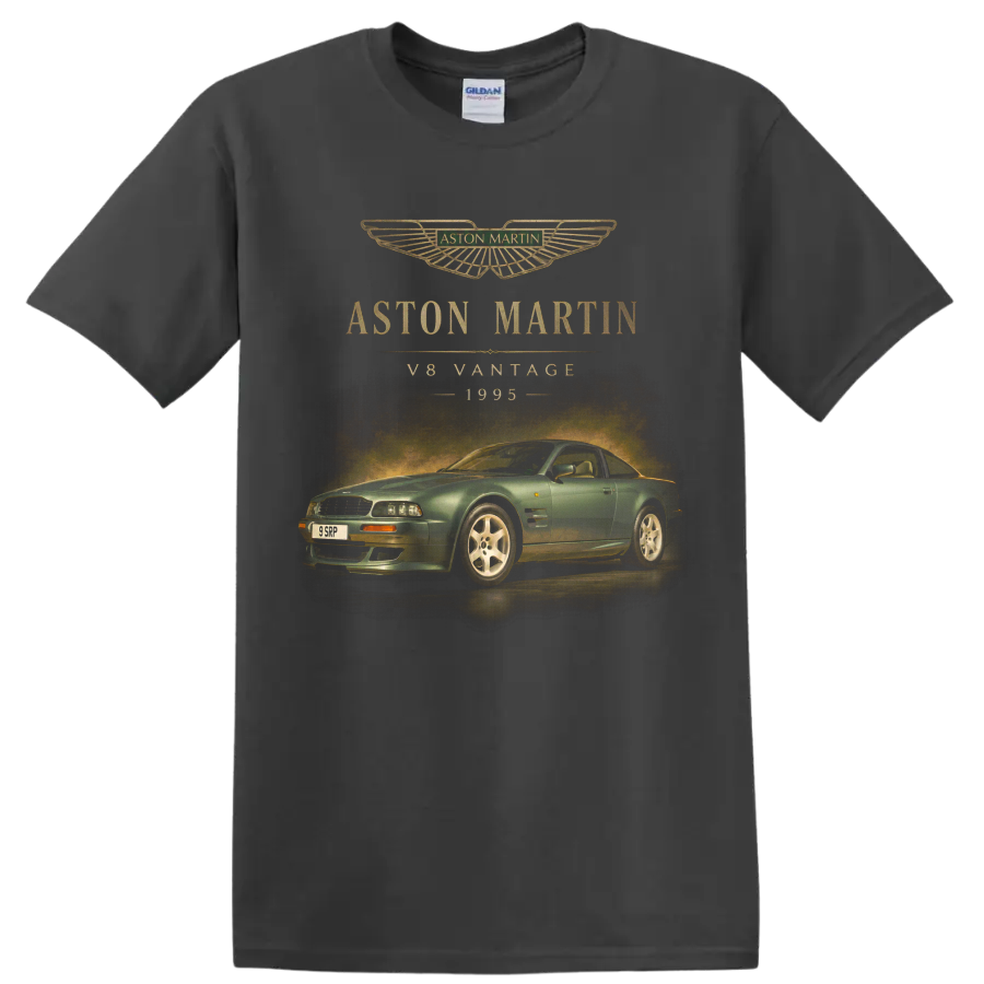 Aston Martin V8 Vantage 1995 vintage car graphic with gold lettering on a Charcoal T Shirt