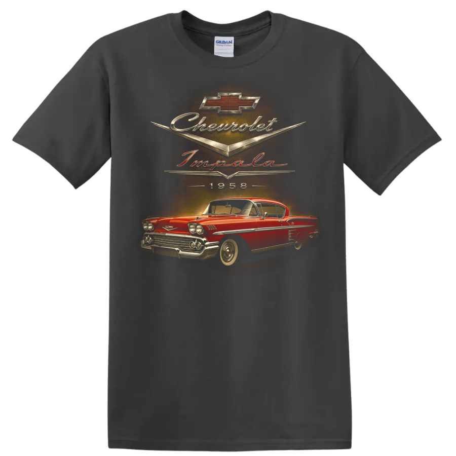 1958 Chevrolet Impala vintage red coupe graphic with Chevrolet script on a Charcoal T Shirt