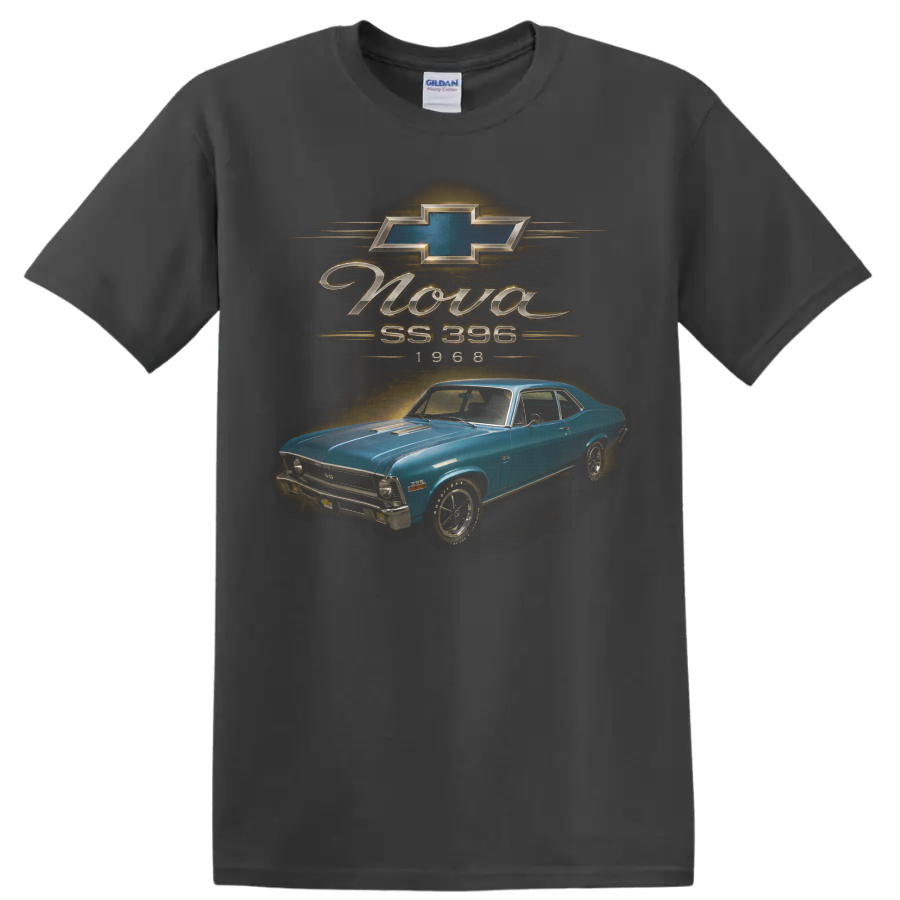 1968 Chevrolet Nova SS 396 blue vintage muscle car graphic on a Charcoal T Shirt