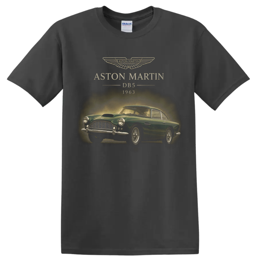Vintage Aston Martin DB5 1963 classic car graphic with winged emblem on a Charcoal T Shirt