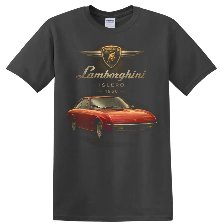 1968 Lamborghini Islero red coupe with vintage gold crest and lettering on a Charcoal T Shirt