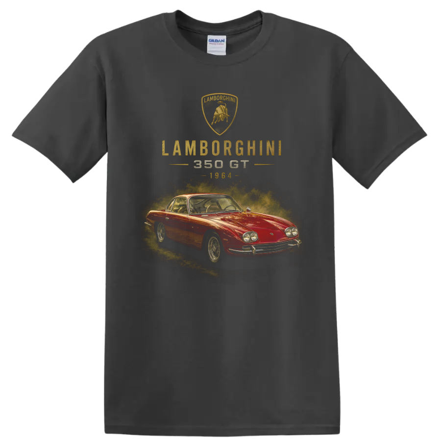 Vintage Lamborghini 350 GT 1964 red classic car graphic with crest on a Charcoal T Shirt