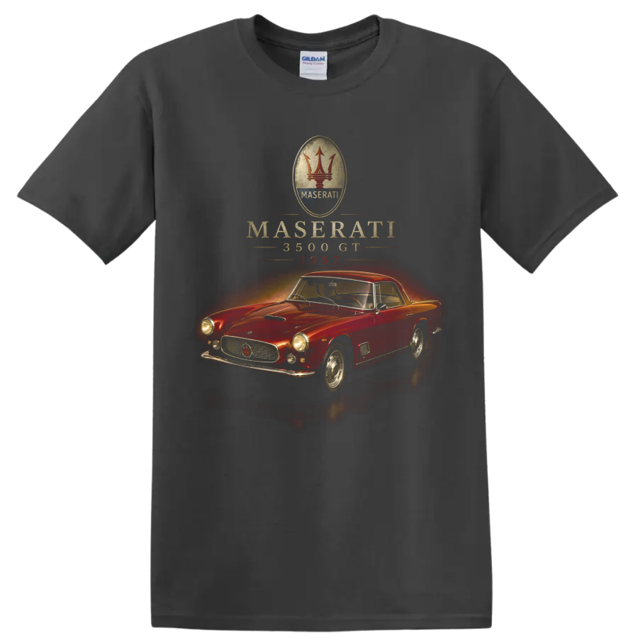 Maserati 3500 GT 1957 vintage red classic car graphic on a Charcoal T Shirt