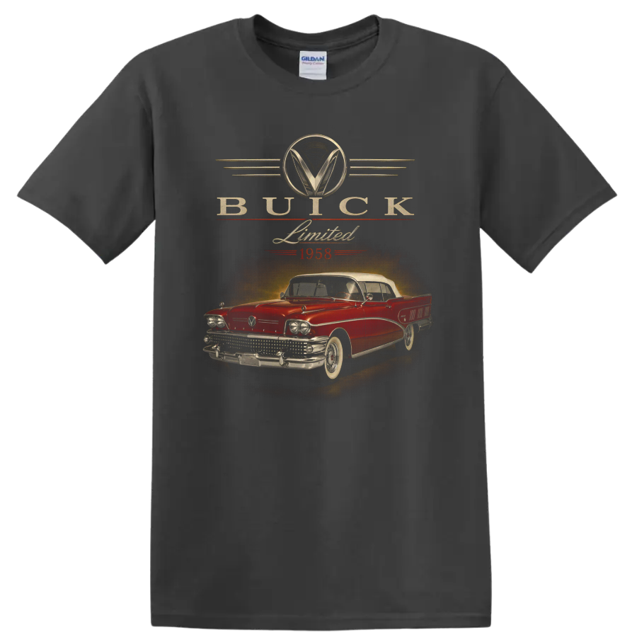 1958 Buick Limited vintage classic car graphic with retro lettering on a Charcoal T Shirt