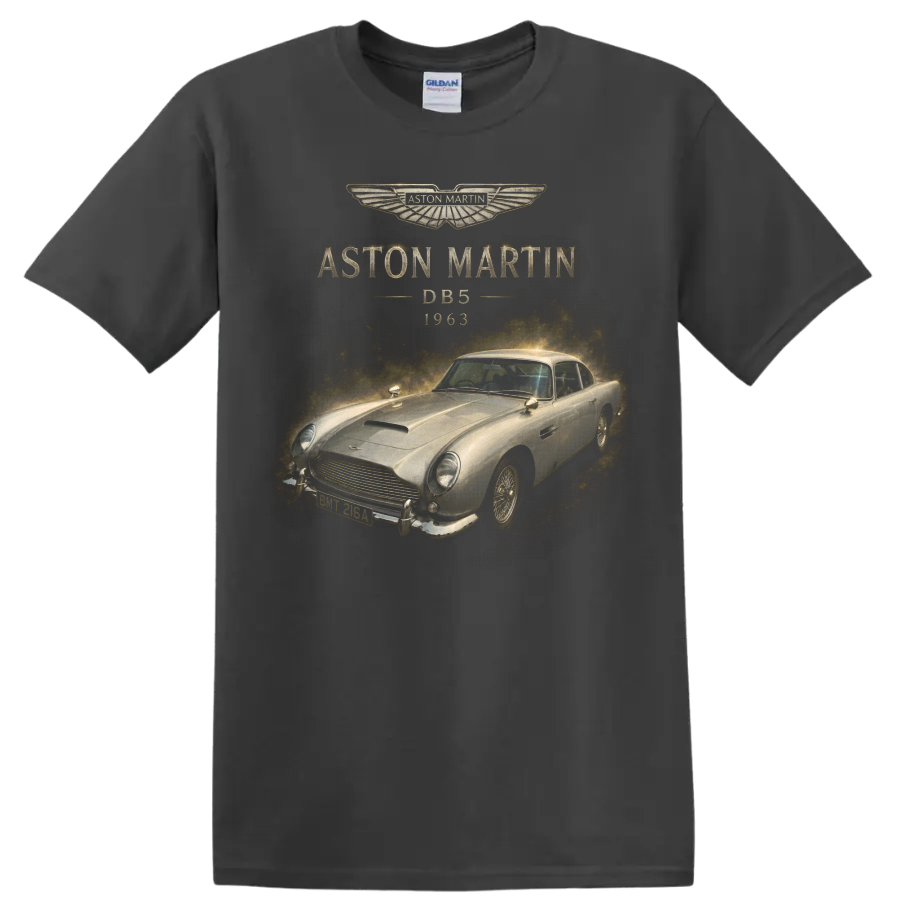 Aston Martin DB5 1963 vintage classic car graphic with gold accents on a Charcoal T Shirt