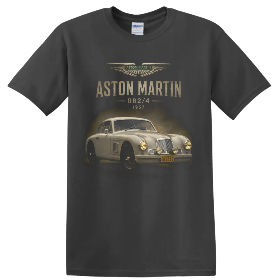 1957 Aston Martin DB2/4 vintage classic car graphic with distressed text on a Charcoal T Shirt
