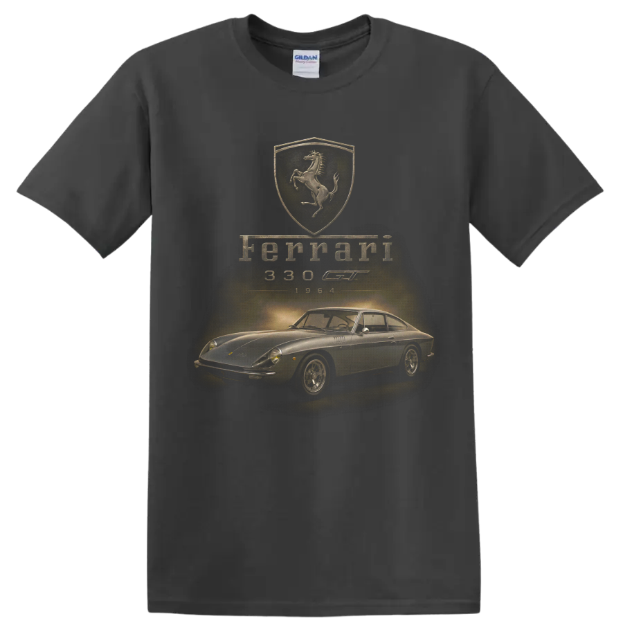 Ferrari 330 GT 1964 vintage classic car graphic with Ferrari shield on a Charcoal T Shirt