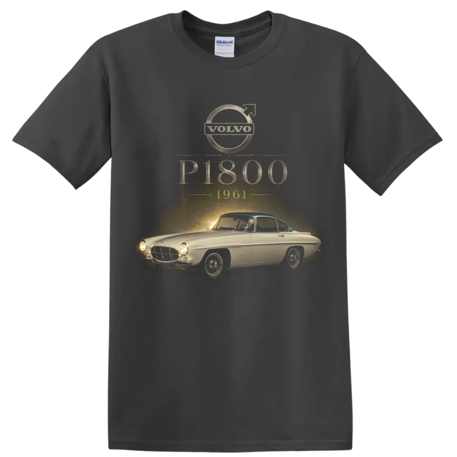 Vintage Volvo P1800 1961 classic coupe graphic with distressed typography on a Charcoal T Shirt