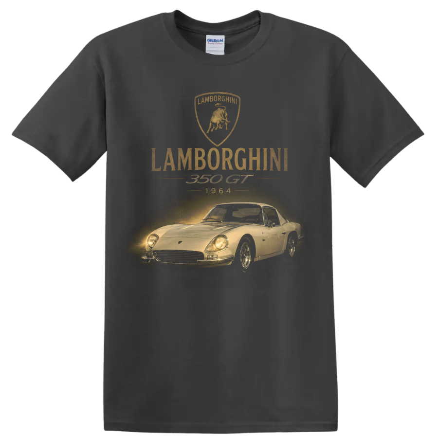 Lamborghini 350 GT 1964 vintage classic car graphic with bull crest on a Charcoal T Shirt
