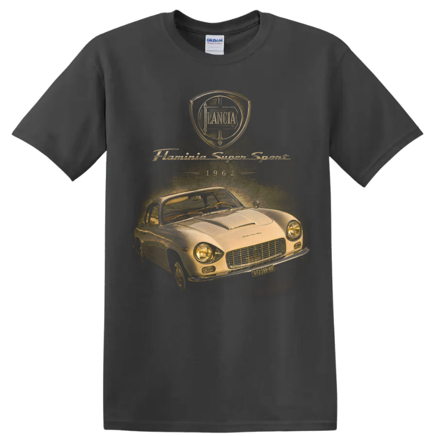 Lancia Flaminia Super Sport 1962 vintage coupe graphic with crest and script on a Charcoal T Shirt