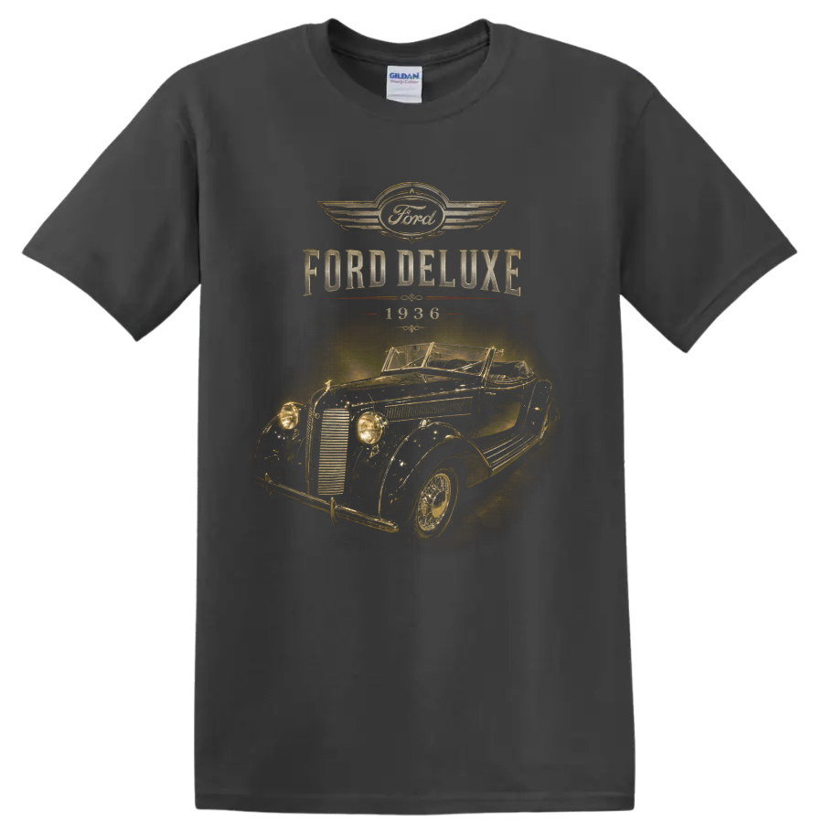 1936 Ford Deluxe vintage convertible with distressed Ford lettering on a Charcoal T Shirt