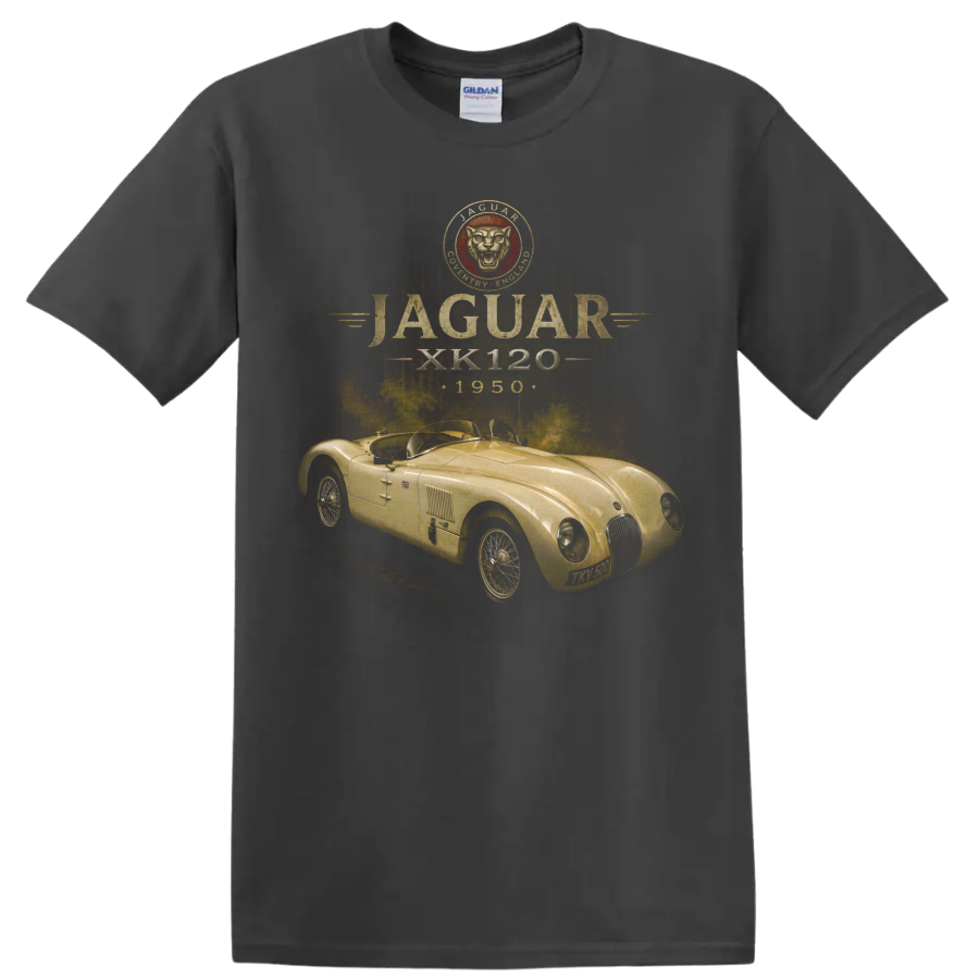 Vintage Jaguar XK120 1950 roadster graphic with distressed gold lettering on a Charcoal T Shirt