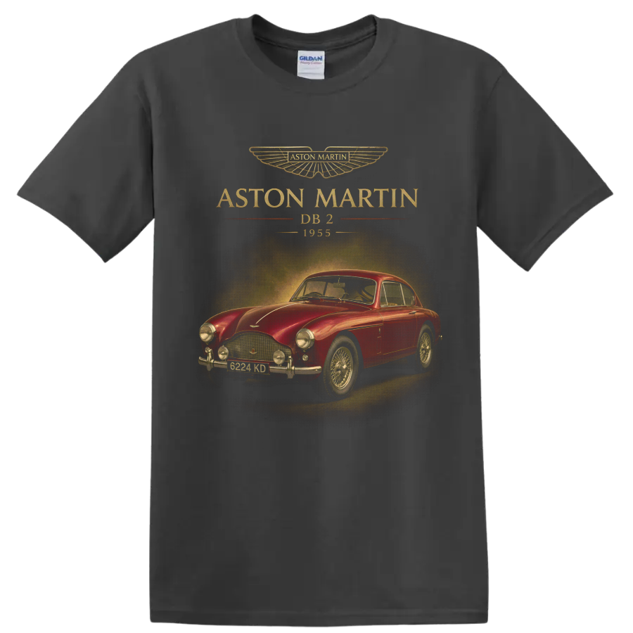 Aston Martin DB2 1955 vintage red coupe with gold lettering on a Charcoal T Shirt