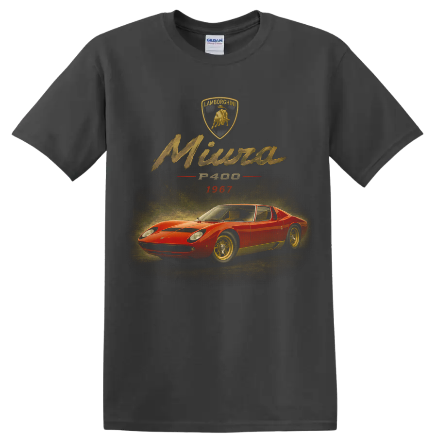 Lamborghini Miura P400 1967 vintage red sports car graphic on a Charcoal T Shirt