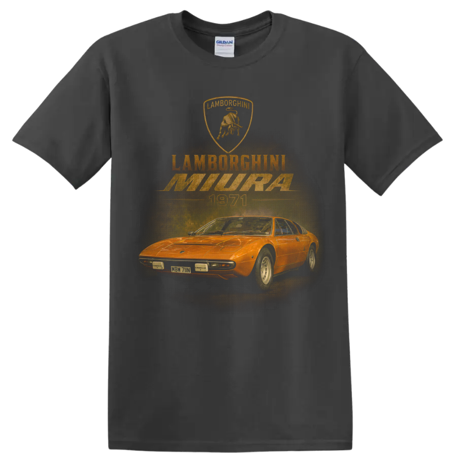 Lamborghini Miura vintage orange sports car graphic on a Charcoal T Shirt