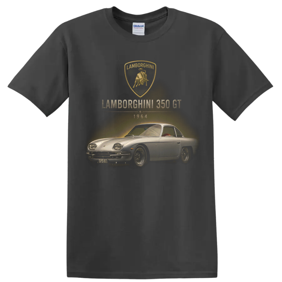 Vintage Lamborghini 350 GT 1964 classic car graphic with bull crest on a Charcoal T Shirt