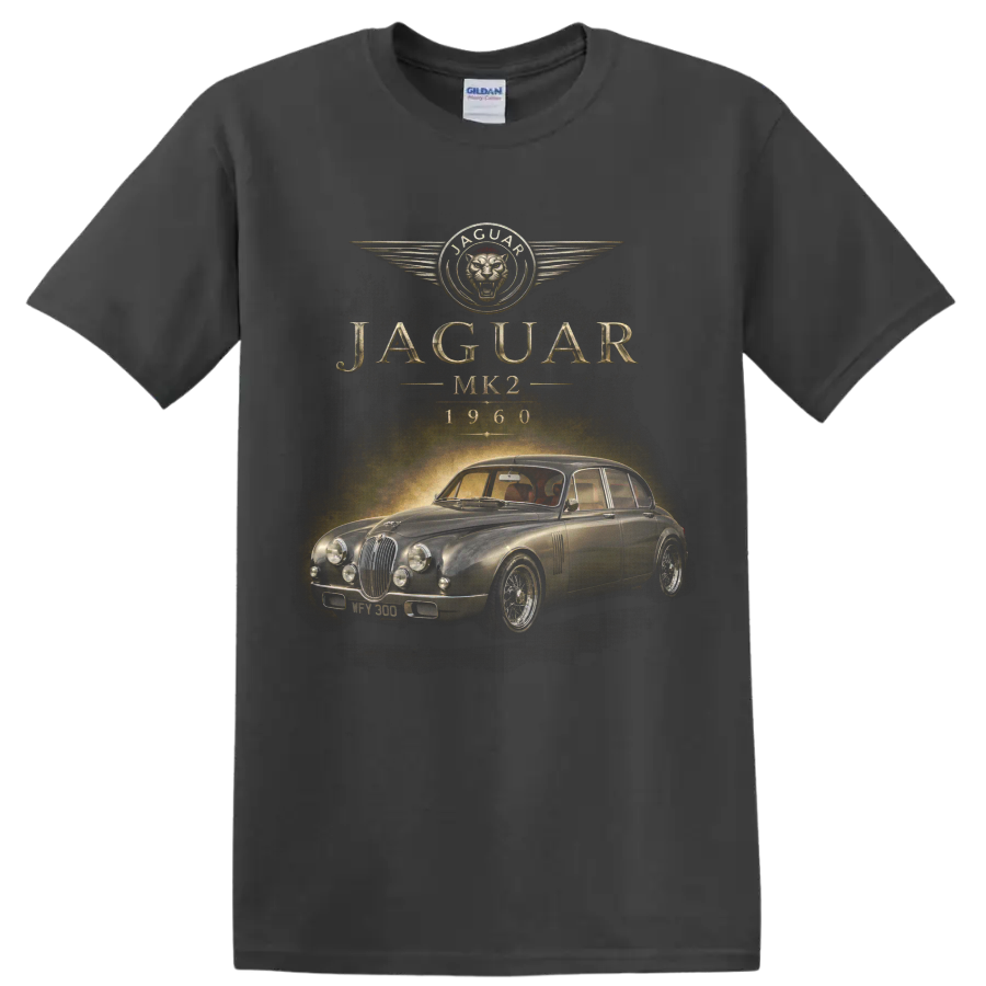 Jaguar MK2 1960 vintage classic car graphic with JAGUAR lettering on a Charcoal T Shirt