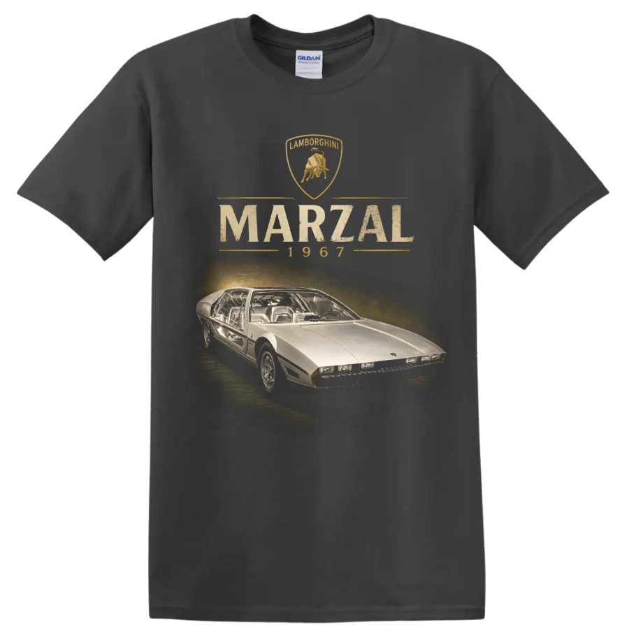 Vintage Lamborghini Marzal 1967 concept car graphic with crest and lettering on a Charcoal T Shirt