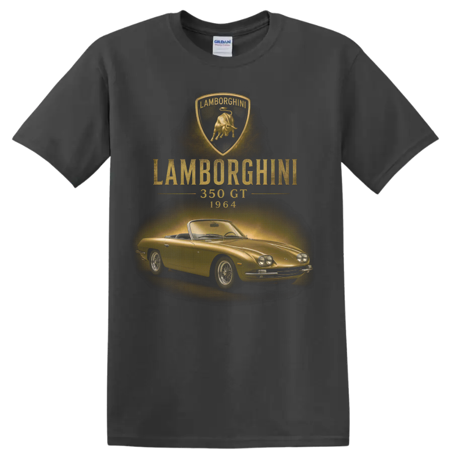 Lamborghini 350 GT 1964 vintage gold classic car graphic with crest on a Charcoal T Shirt