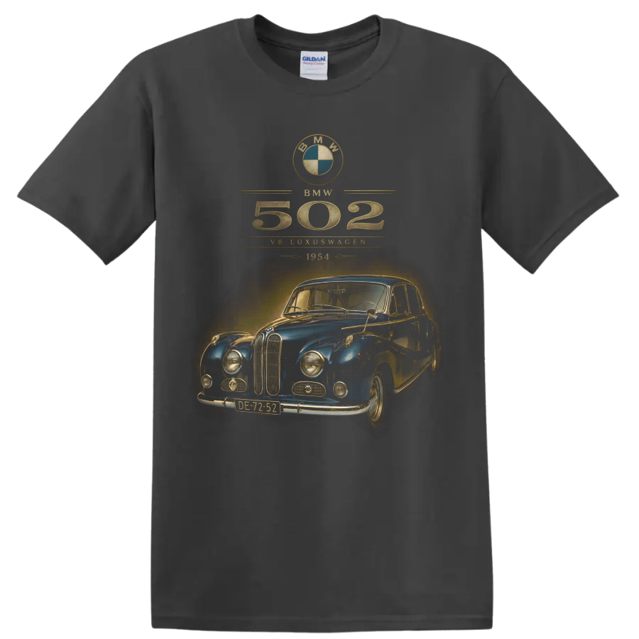 Vintage BMW 502 1954 blue classic car with distressed gold typography on a Charcoal T Shirt