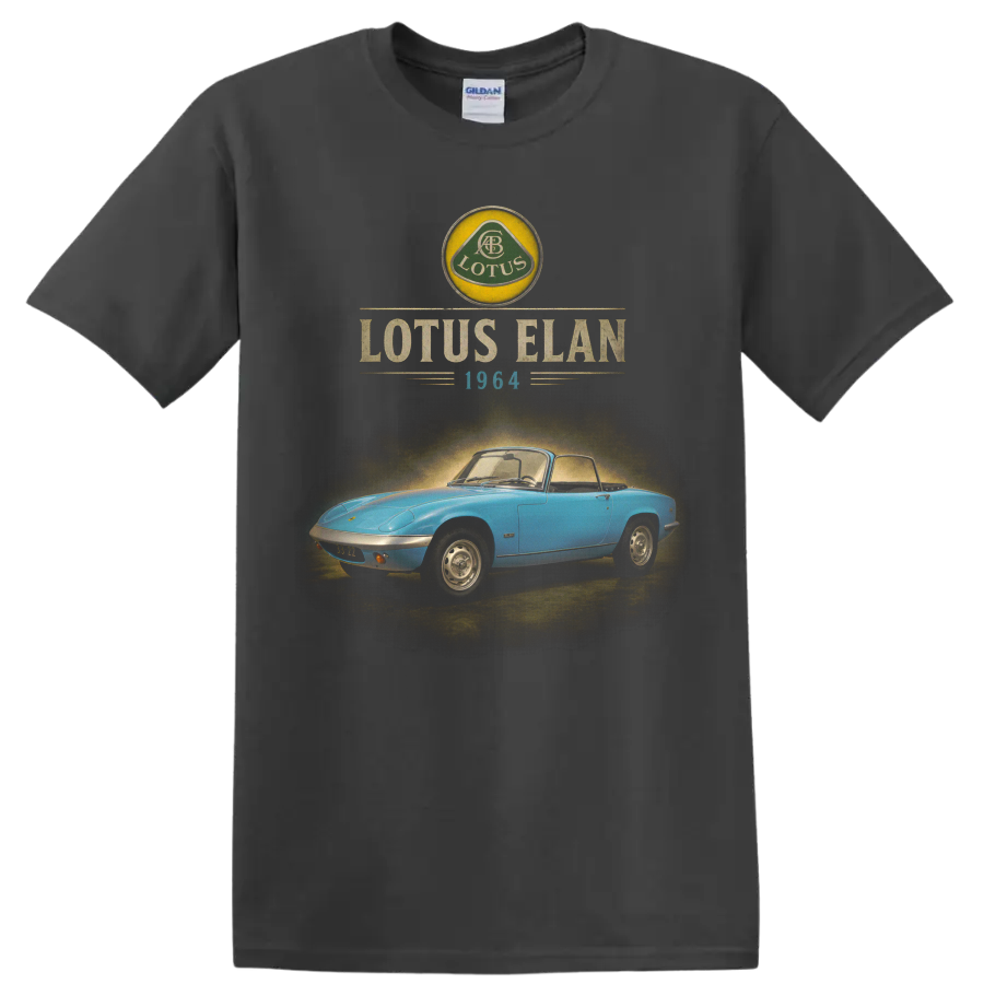 1964 Lotus Elan blue roadster vintage graphic with retro lettering on a Charcoal T Shirt