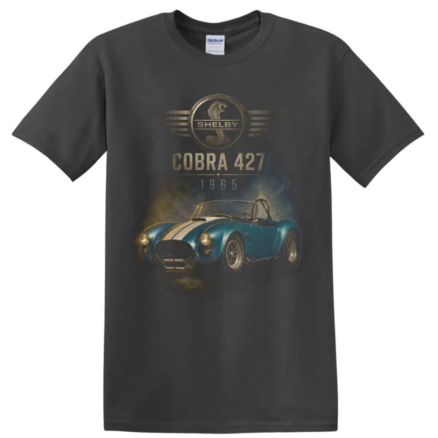 Shelby Cobra 427 1965 blue roadster vintage graphic with cobra emblem on a Charcoal T Shirt