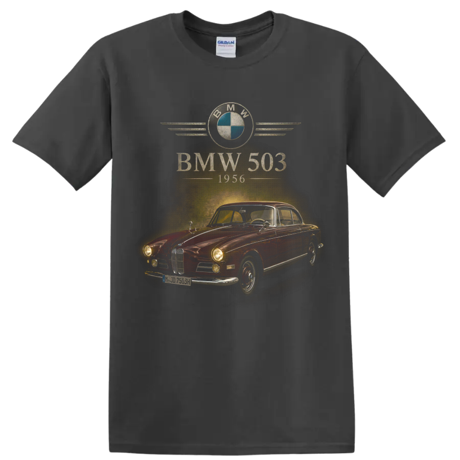 BMW 503 1956 red vintage coupe graphic with retro automotive lettering on a Charcoal T Shirt
