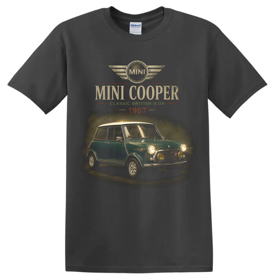 1967 Mini Cooper vintage classic car graphic with MINI emblem on a Charcoal T Shirt