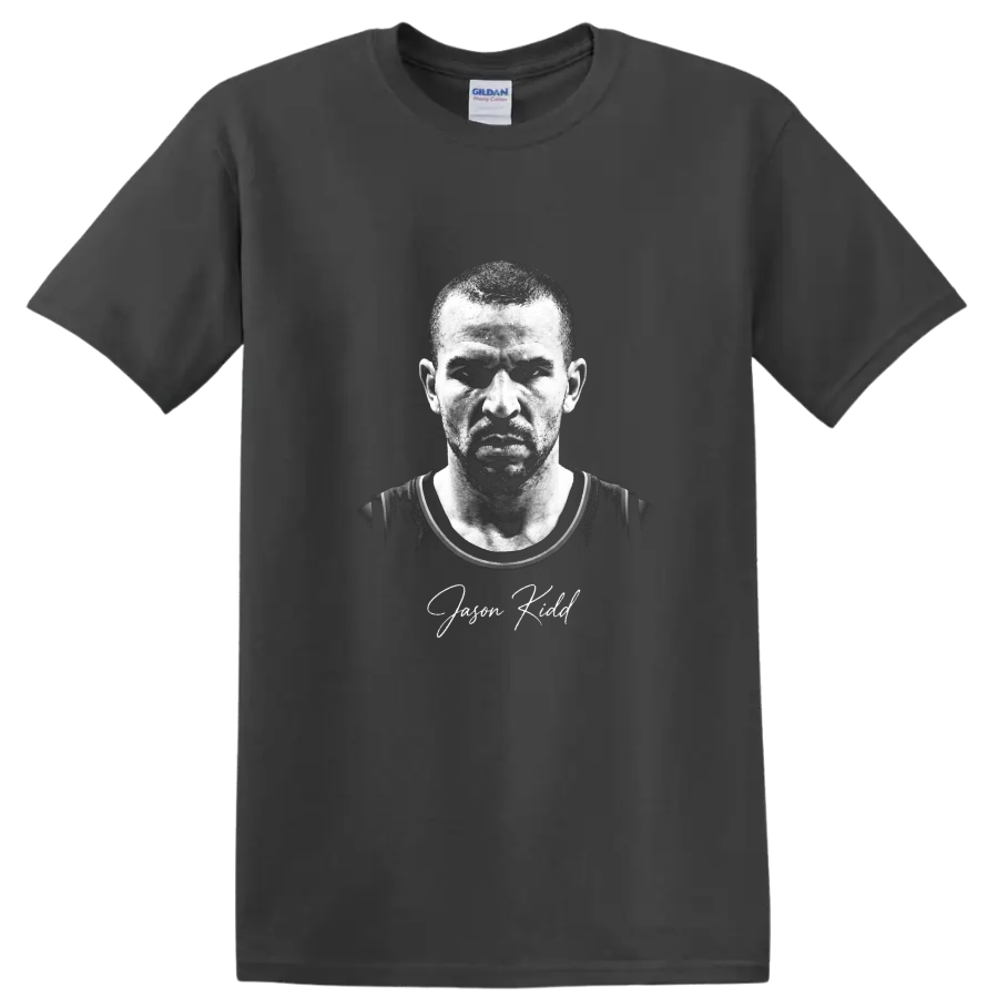 Jason Kidd black-and-white basketball portrait with signature-style name text on a Charcoal T Shirt