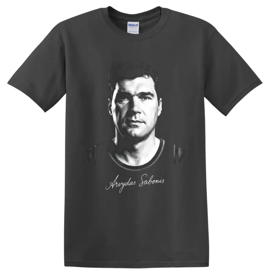 Arvydas Sabonis black-and-white basketball portrait with signature-style script on a Charcoal T Shirt