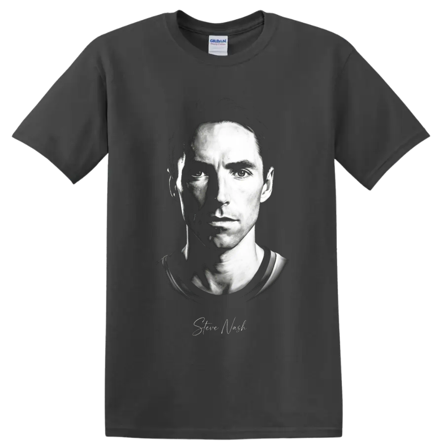Steve Nash black-and-white split-shadow portrait with script signature on a Charcoal T Shirt