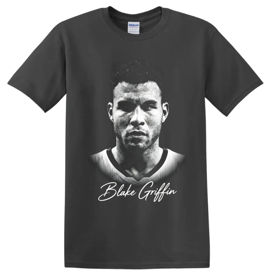 Blake Griffin Los Angeles Clippers No. 32 black-and-white basketball portrait with on a Charcoal T Shirt