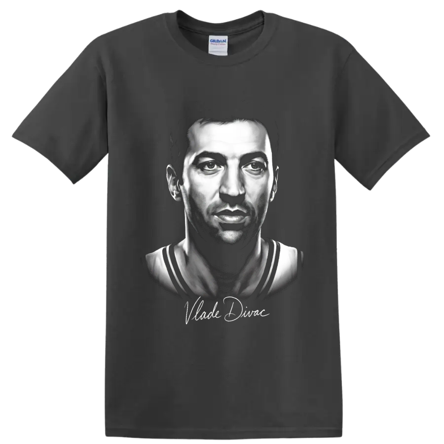 Monochrome Vlade Divac basketball portrait with cursive signature on a Charcoal T Shirt