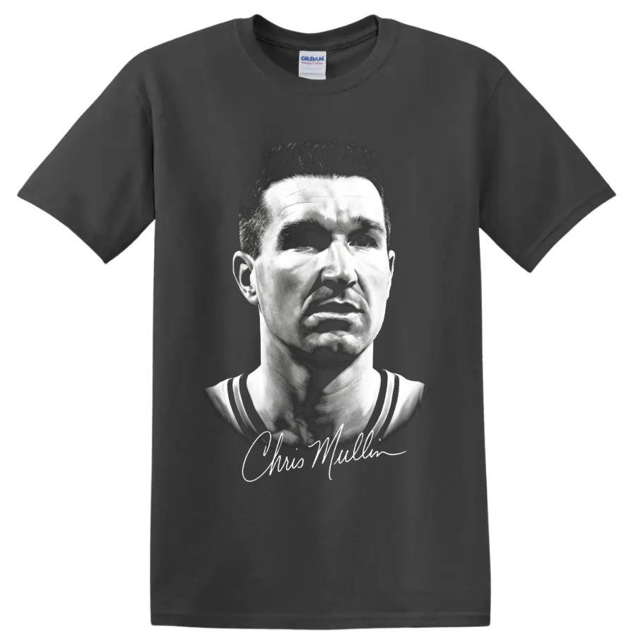 Monochrome Chris Mullin basketball portrait with cursive signature on a Charcoal T Shirt