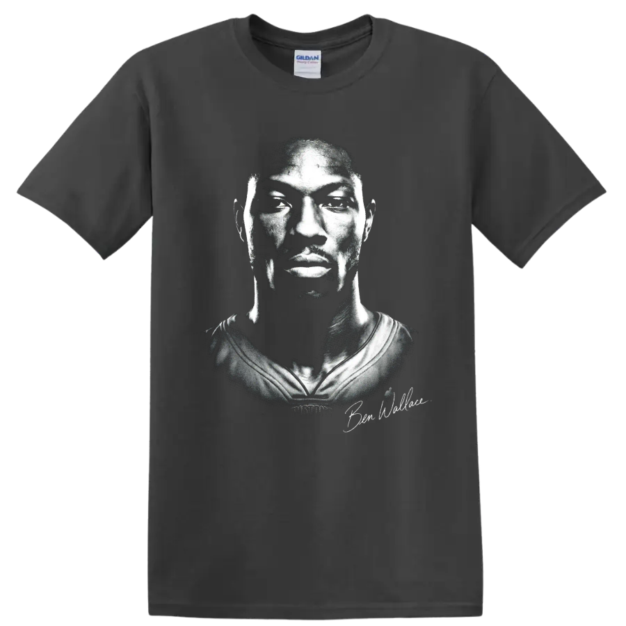 Ben Wallace Detroit Pistons No. 3 high-contrast black-and-white basketball portrait on a Charcoal T Shirt