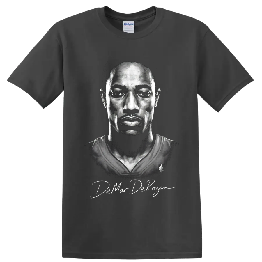 DeMar DeRozan monochrome basketball portrait with signature-style lettering on a Charcoal T Shirt