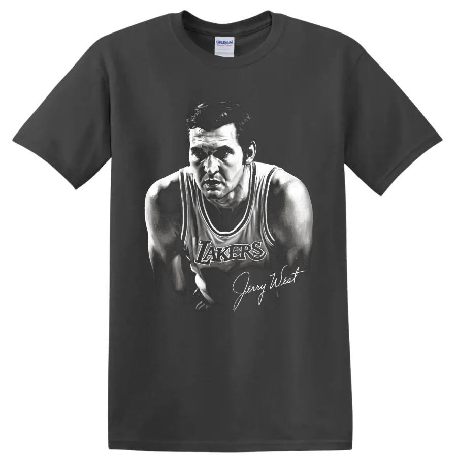 Jerry West Los Angeles Lakers No. 44 monochrome basketball portrait with signature on a Charcoal T Shirt