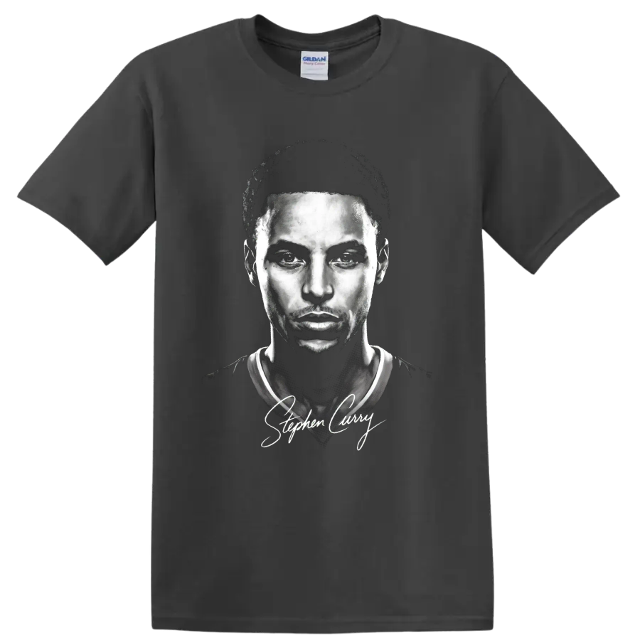 Monochrome Stephen Curry basketball portrait with signature-style script on a Charcoal T Shirt