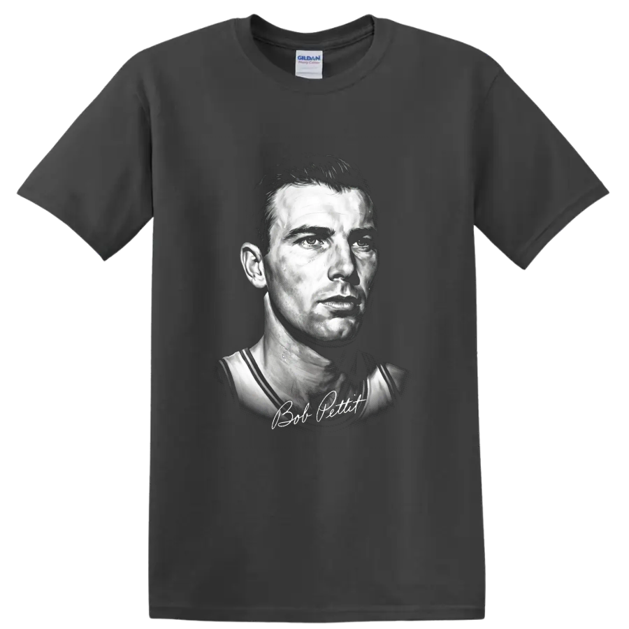 Bob Pettit St. Louis Hawks No. 9 monochrome basketball portrait with signature on a Charcoal T Shirt