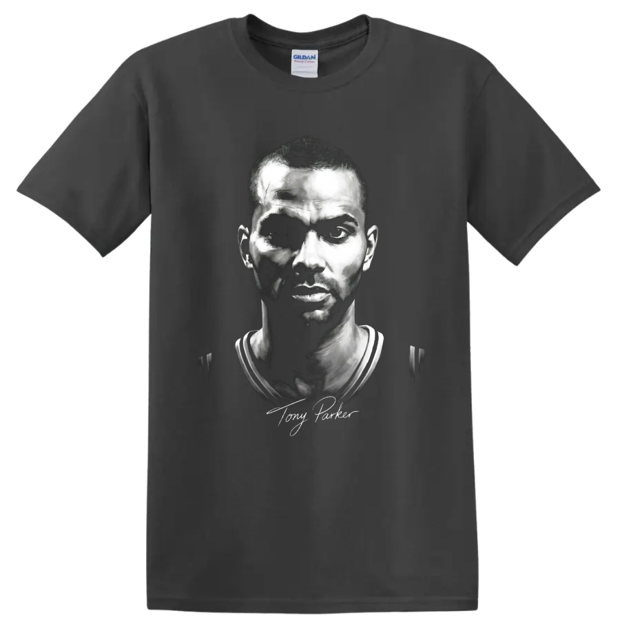 Tony Parker monochrome basketball portrait with signature-style script on a Charcoal T Shirt