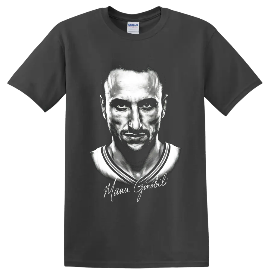 Monochrome Manu Ginobili basketball portrait with signature-style script on a Charcoal T Shirt
