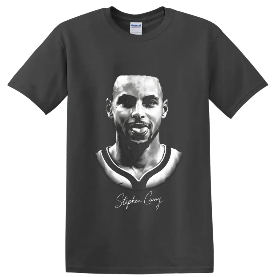 Stephen Curry monochrome basketball portrait with signature-style script on a Charcoal T Shirt