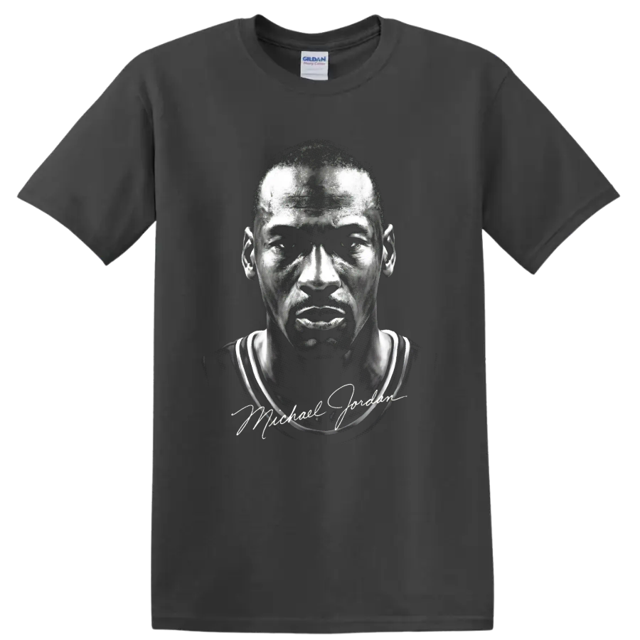 Michael Jordan Chicago Bulls No. 23 monochrome portrait with signature-style text on a Charcoal T Shirt