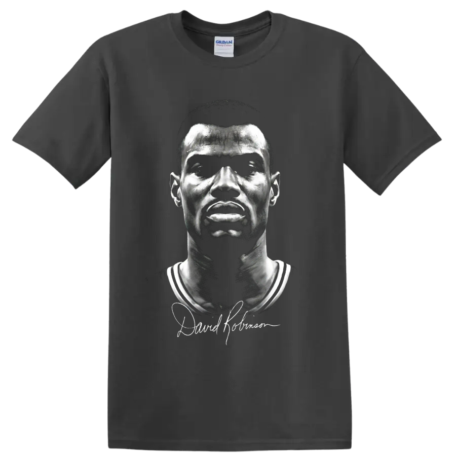 David Robinson No. 50 black-and-white basketball portrait with signature-style graphic on a Charcoal T Shirt