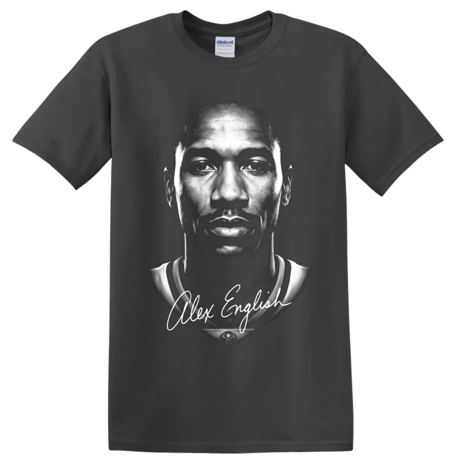 Alex English black-and-white basketball portrait with signature-style script on a Charcoal T Shirt