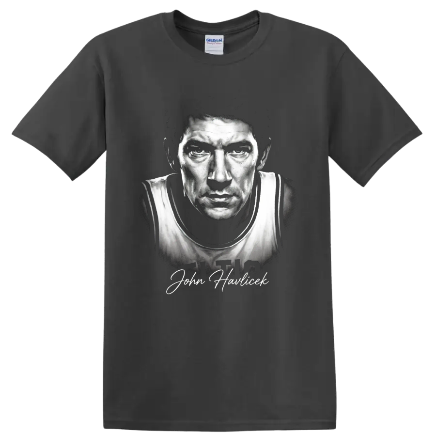 Black-and-white John Havlicek No. 17 basketball portrait with signature-style name on a Charcoal T Shirt