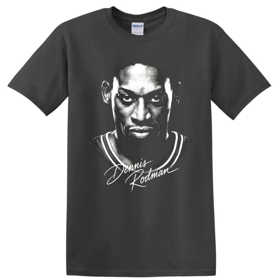 Monochrome Dennis Rodman Chicago Bulls No. 91 portrait with scripted signature on a Charcoal T Shirt