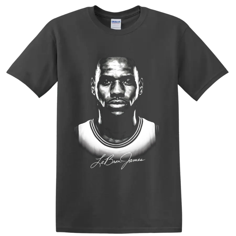 LeBron James black-and-white basketball portrait with signature-style script on a Charcoal T Shirt