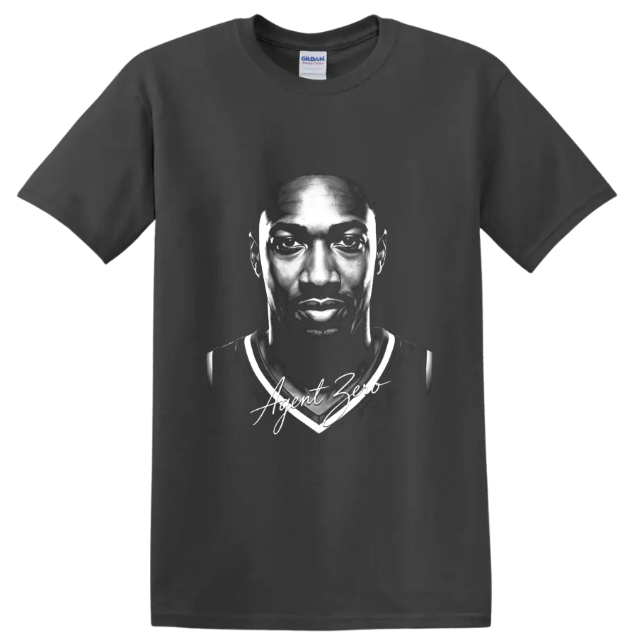 Gilbert Arenas Washington Wizards No. 0 monochrome portrait with Agent Zero script on a Charcoal T Shirt