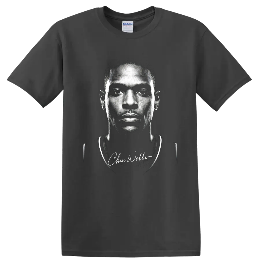 Black-and-white Chris Webber basketball portrait with signature script on a Charcoal T Shirt